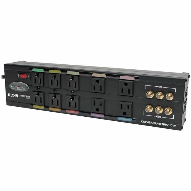 Eaton HT10DBS Tripp Lite Series Isobar Supresor de Picos 10 Salidas para Hogar/Negocio/Teatro, Cable de 8 ft. con Enchufe en Ángulo Recto, 3840 Joules, LEDs, Carcasa de Metal