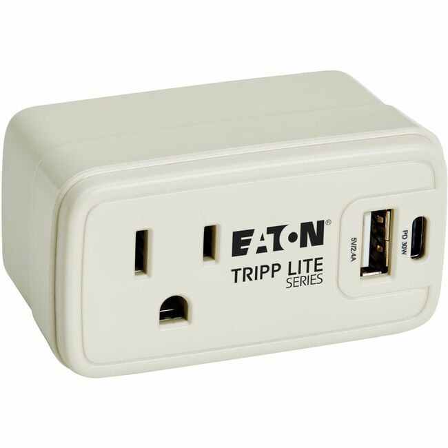 Eaton SK10C32 Tripp Lite Series Power It! Cargador de Viaje Universal de 1 Salida y Protector de Voltaje - Salida 5-15R, Puertos USB-C y USB-A, Carga PD de 32W, Conexión Directa 5-15P, Gris