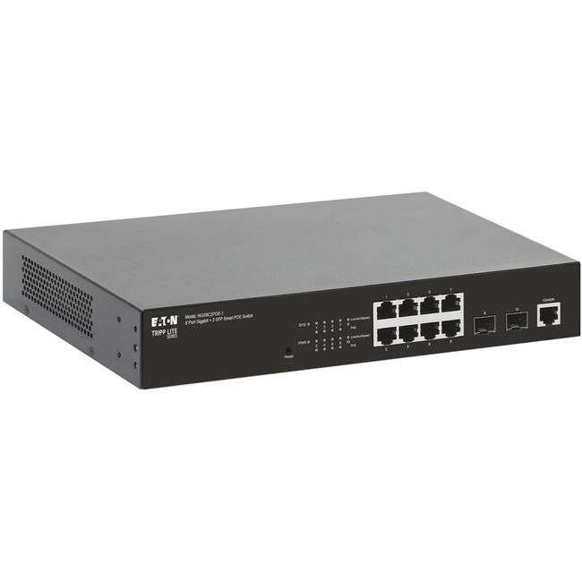 Eaton NGS8C2POE-1 Tripp Lite series Conmutador Ethernet Gigabit administrado de 8 puertos con PoE+ - Capa 2, 1 Gbps, 2x puertos GbE SFP, 140W PoE, 1U Rack/Escritorio