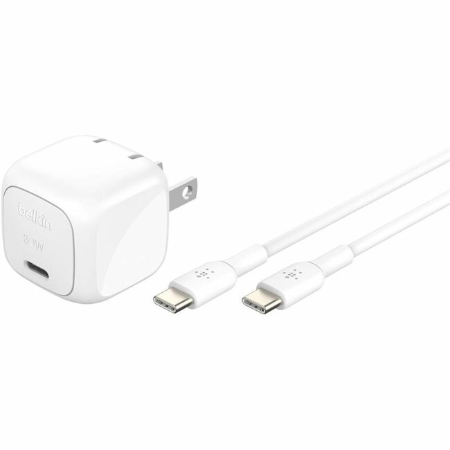 Belkin International INC WCA008DQ1MWH-B6 Belkin 30W Portable USB-C Wall Charger - 1xUSB-C (30W) - Fast Charge - Power Adapter w/ USB-C to USB-C Cable - White