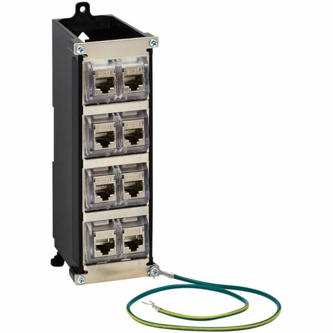 Eaton N063-008-6A-SH Panel de Parcheo de Carril DIN Montado en Metal Blindado de 8 Puertos de la Serie Eaton Tripp Lite con Keystones Precargados y Tierra, Negro/Plata, TAA