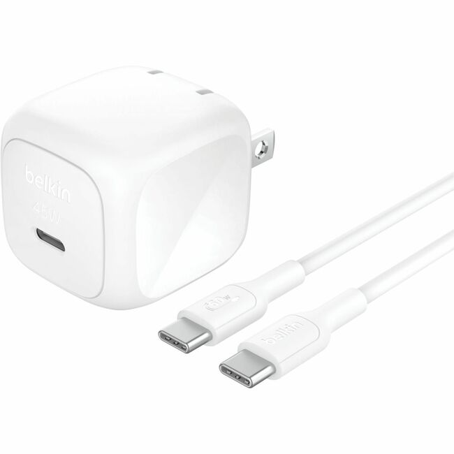 Belkin International INC WCA013DQ1MWH-B6 Belkin Cargador Mural USB-C Portátil de 45W con Cable USB-C - 1xUSB-C - Clavijas Plegables - Carga Rápida - Adaptador de Energía - Blanco