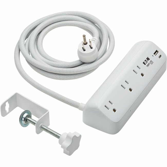 Eaton TLP308U20CLAMP Tripp Lite Series Protect It! Protector de Sobretensión de 3 Tomas con Puertos USB-A y USB-C - Tomas 5-15R, 900 Joules, Carga PD de 20W, Abrazadera de Escritorio, Cable Trenzado de 8 ft. (2.4 m), Blanco