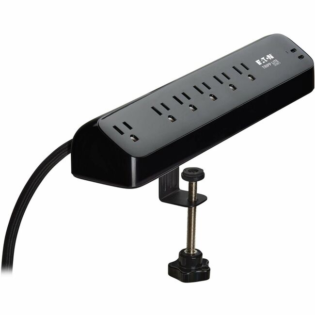 Eaton TLP610U30CLAMPB Tripp Lite Series Protect It! Protector de Picos de 6 Salidas con 2 Puertos USB-C - Salidas 5-15R, 900 Joules, Carga PD de 30W, Abrazadera de Escritorio, Cable Trenzado de 10 ft. (3 m), Negro