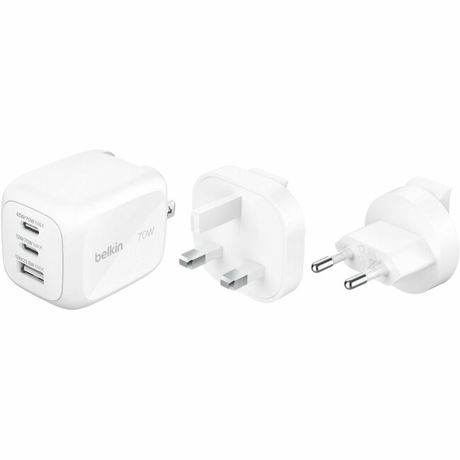 Belkin International INC WCH018FQWH Belkin 70W GaN Cargador de Pared USB de 3 Puertos - 1xUSB-A, 2xUSB-C - Adaptador de Energía - Blanco