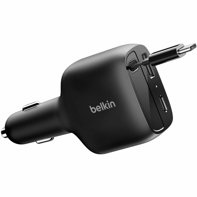 Belkin International INC CCC001FQBK Belkin Cargador de Auto Dual USB 75W - 1xUSB-A, 1xUSB-C con Cable USB-C Retráctil - Negro