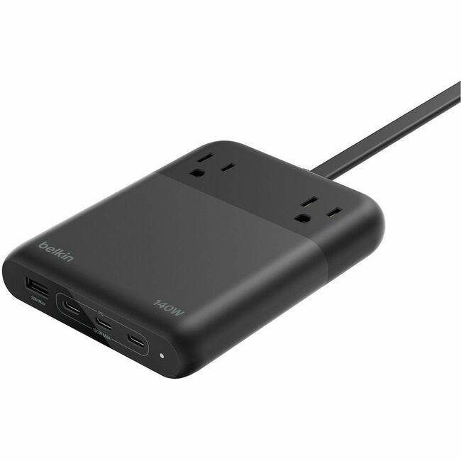 Belkin International INC SRZ003TT5 Belkin Estación de Carga de 2 Enchufes con 1x Puerto USB-A y 3x Puertos USB-C 140W - Cable de 5ft/1.5m - Enchufe Recto - Negro