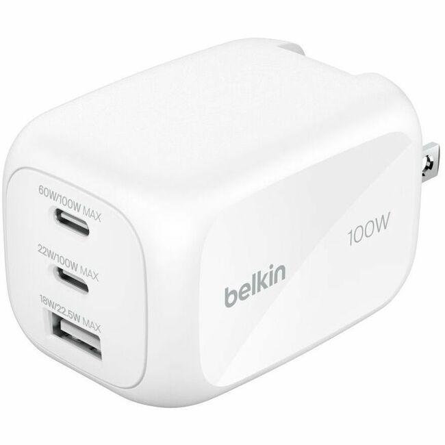 Belkin International INC WCH016DQWH Belkin 100W GaN 3-Port USB Wall Charger - 1xUSB-A, 2xUSB-C - Foldable Prongs - Power Adapter - White