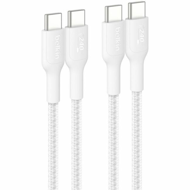 Belkin International INC CAB025FQ2MWH2PK Belkin BoostCharge Pro USB-C to USB-C Braided Cable 240W, 6.6ft/2m, White, 2-pack