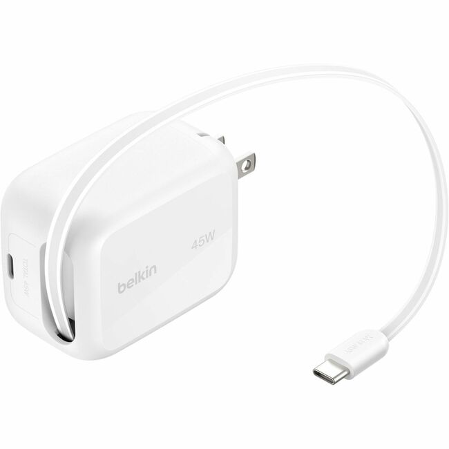 Belkin International INC WCH023DQWH Belkin UltraCharge Retractable GaN Wall Charger 45W, Blanco