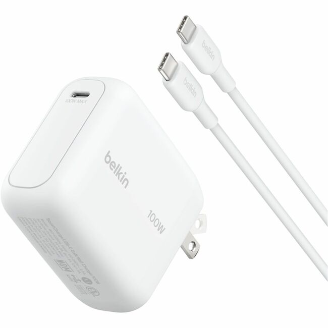 Belkin International INC WCH025DQ1.5WHB6 Belkin 100W GaN USB-C Wall Charger w/ USB-C Cable - 1xUSB-C port - Fast Charger - Power Adapter - White