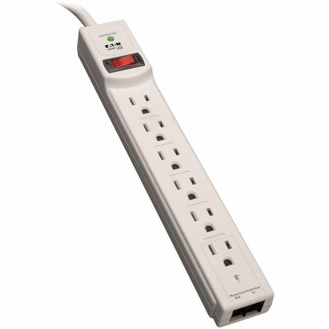Eaton TLP608TEL Serie Eaton Tripp Lite Protect It! Protector contra Sobretensiones de 6 Salidas, Cable de 8 ft. (2.43 m), 990 Joules, Protección Tel/Módem, Carcasa Gris