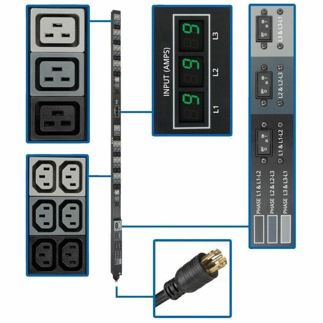 Eaton PDU3MV6L2130 Tripp Lite by Eaton PDU 8.6kW 3-Phase Local Metered PDU 208/120V Outlets (36 C13 6 C19 6 5-15/20R) 208V L21-30P 6 ft. (1.83 m) Cord 0U Vertical TAA