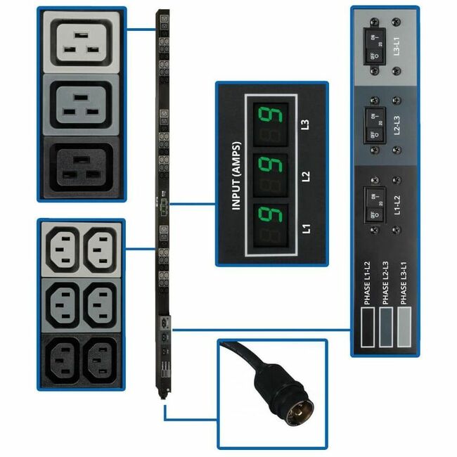 Eaton PDU3MV6H50 Tripp Lite by Eaton PDU 12.6kW 3-Phase Local Metered PDU 208V Outlets (36 C13 & 9 C19) Hubbell 50A CS8365C 6 ft. (1.83 m) Cord 0U Vertical TAA