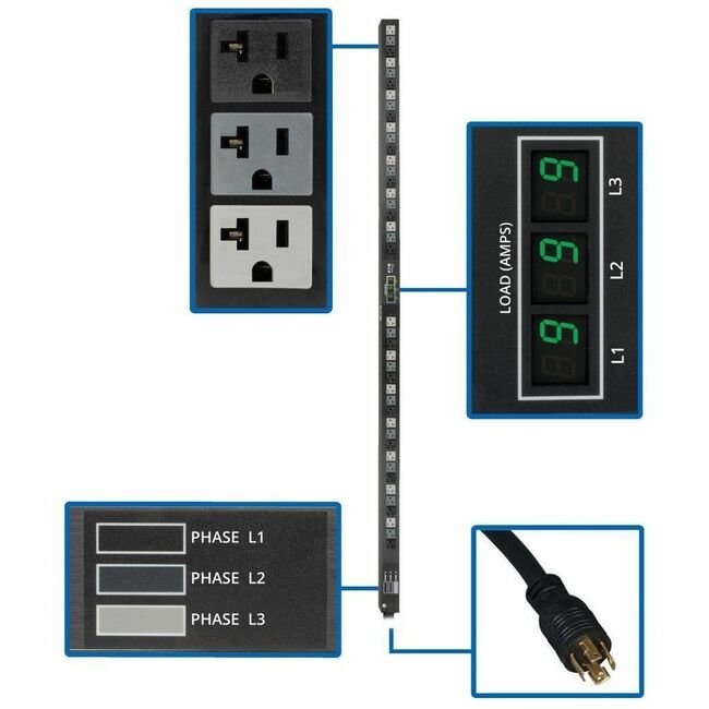 Eaton PDU3MV6L2120LV Tripp Lite Series 5.7kW 3-Phase Local Metered PDU, 120V Outlets (42 5-15/20R), 208V L21-20P input, 6 ft. (1.83 m) Cord, 0U Vertical, TAA