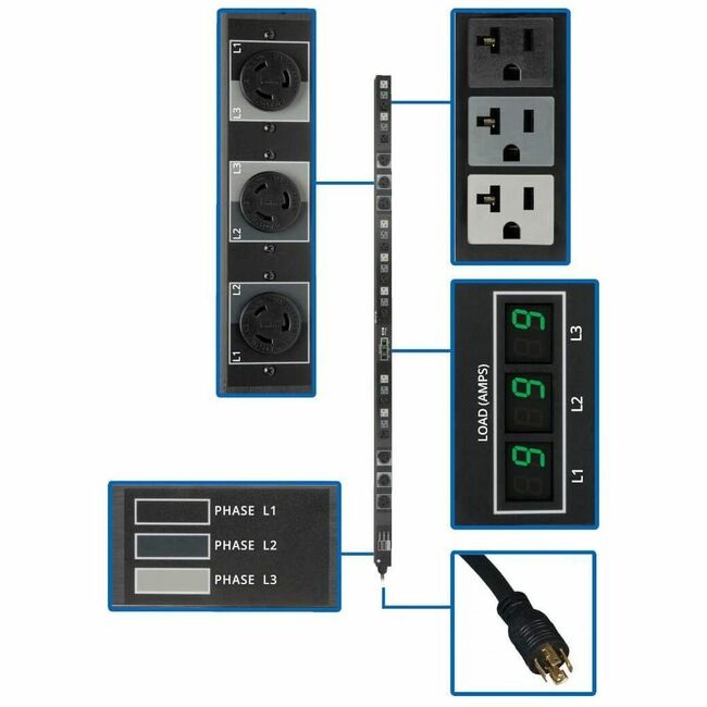 Eaton PDU3MV6L2120B Tripp Lite Series 5.7kW 3-Phase Local Metered PDU, 208/120V Outlets (21 5-15/20R, 6 L6-20R), L21-20P, 6 ft. (1.83 m) Cord, 0U Vertical, TAA