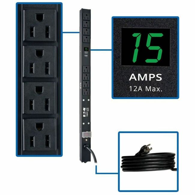 Eaton PDUMV15-24 Tripp Lite by Eaton PDU 1.5kW Single-Phase Local Metered PDU 100-127V Outlets (8 5-15R) 5-15P 15 ft. (4.57 m) Cord 0U Vertical 24 in.