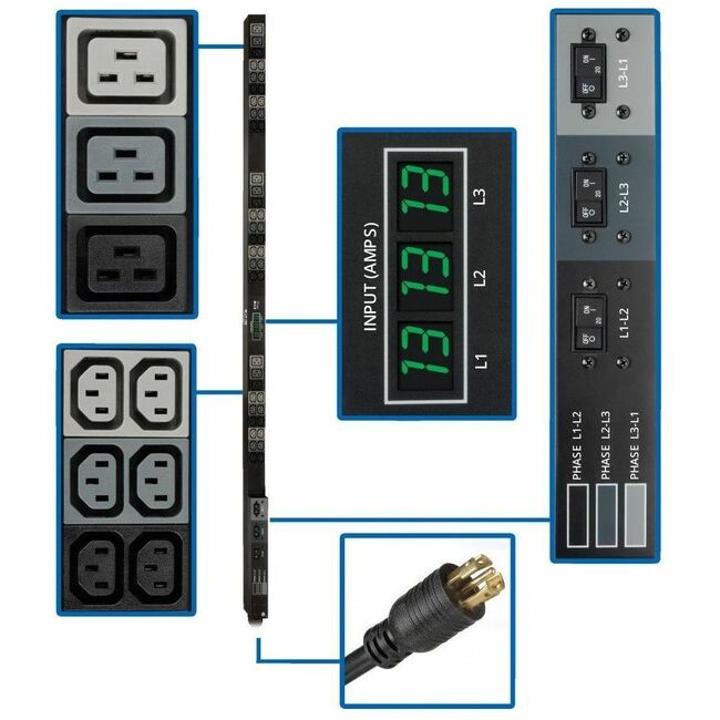 Eaton PDU3MV6L2130A Tripp Lite by Eaton PDU 3-Phase Local Metered PDU 8.6 kW 45 208V outlets (36 C13 9 C19) 6 ft. (1.83 m) NEMA L21-30P Input connection TAA Compliant