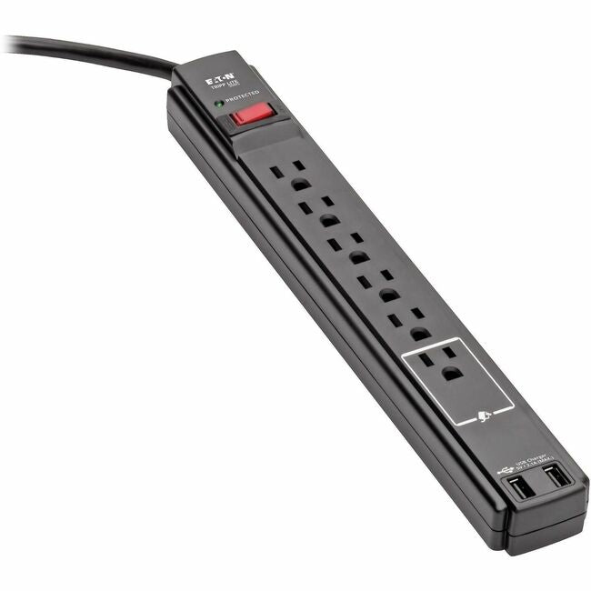 Eaton TLP606USBB Tripp Lite Series Protect It! Protector contra Picos de 6 Tomas, Cable de 6 ft., 990 Joules, 2 Puertos USB (2.1A), Carcasa Negra