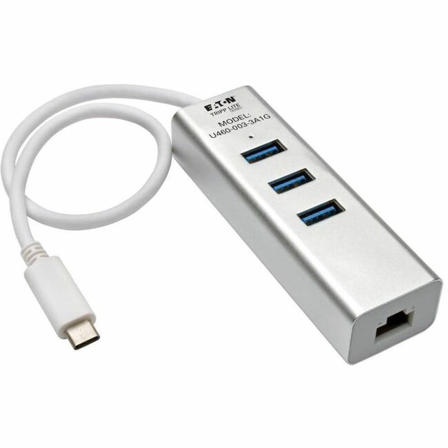 Eaton U460-003-3A1G Tripp Lite Series Hub USB 3.x (5Gbps) de 3 Puertos con Puerto LAN, USB-C a 3x Puertos USB-A y Ethernet Gigabit, Plata