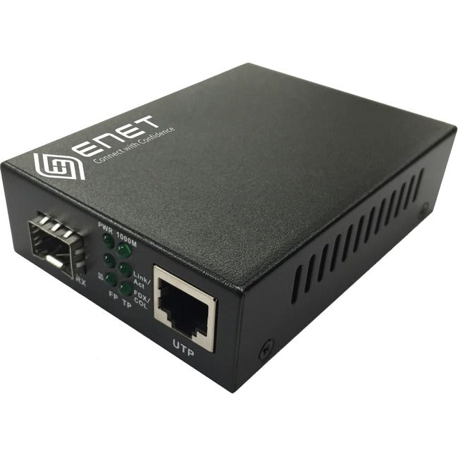 Enet Solutions, Inc. ENMC-FGET-SFP ENET 1x 10/100/1000M Copper RJ45 a 1x 1000Base-X SFP Gigabit Ethernet Fiber Media Converter Stand-Alone - Power Supply Included, Chassis/Rack Mountable con one SFP slot (sin SFP). El ENMC-FGET-SFP es capable de acce