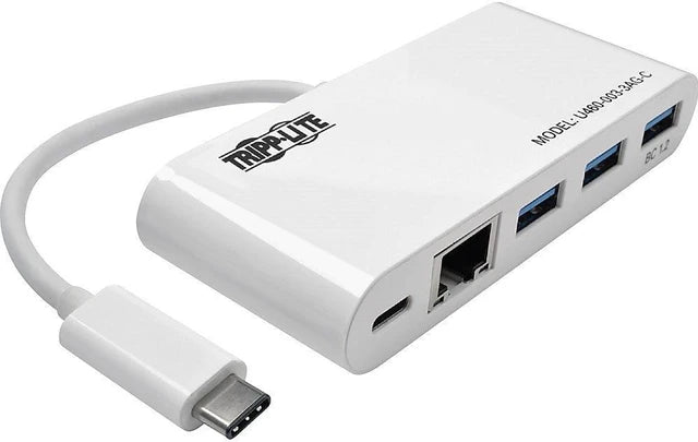 Eaton U460-003-3AG-C Tripp Lite by Eaton Hub USB 3.2 Gen 1 de 3 Puertos con Puerto LAN y Entrega de Energía USB-C a 3x Puertos USB-A y Ethernet Gigabit Blanco