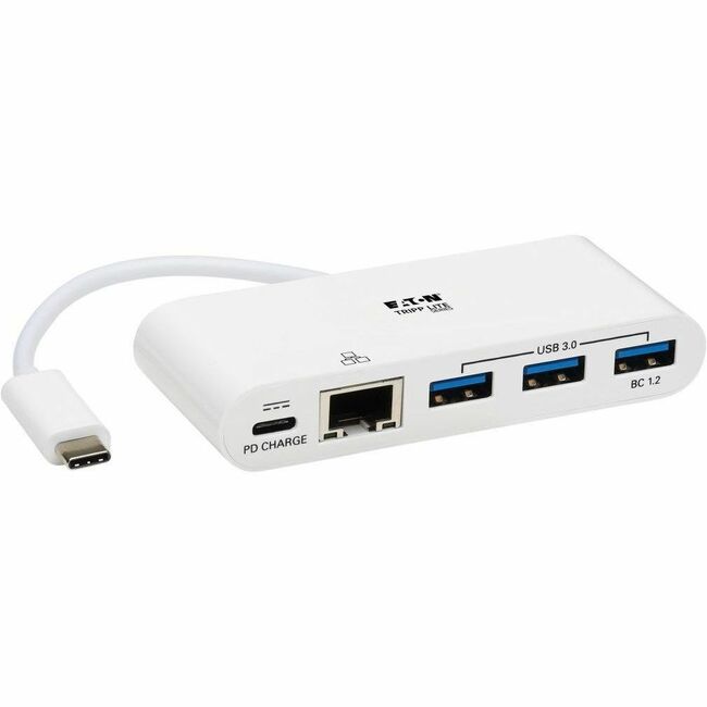 Eaton U460-003-3AG-C Tripp Lite by Eaton Hub USB 3.2 Gen 1 de 3 Puertos con Puerto LAN y Entrega de Energía USB-C a 3x Puertos USB-A y Ethernet Gigabit Blanco