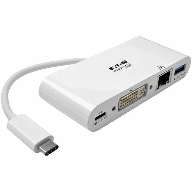 Eaton U444-06N-DGU-C Adaptador Multipuerto USB-C de la Serie Eaton Tripp Lite, DVI, Puerto Hub USB 3.x (5Gbps), Ethernet Gbe y Carga PD, Blanco