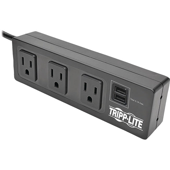 Eaton TLP310USBC Tripp Lite Series Protect It! Protector contra Picos de 3 Salidas con Abrazadera de Escritorio, Cable de 10 ft., 510 Julios, 2 Puertos de Carga USB, Carcasa Negra