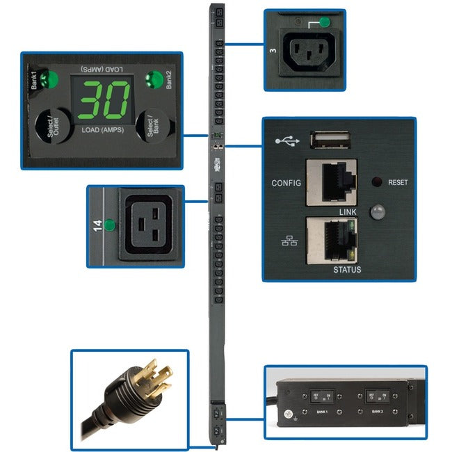 Eaton PDUMVR30HVNETLX Tripp Lite by Eaton PDU 5.5kW Monofásico Switched PDU Outlet Monitoring 208/230V Outlets (20 C13 & 4 C19) 0U LX Interface TAA