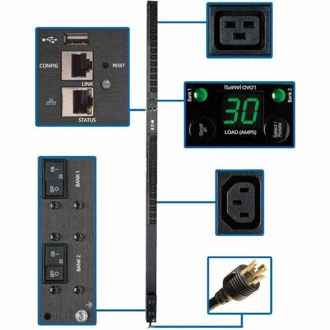 Eaton PDUMNV30HVLX Tripp Lite by Eaton PDU 5.5kW Single-Phase Monitored PDU with LX Platform Interface 208/230V Outlets (20 C13 & 4 C19) L6-30P 0U TAA