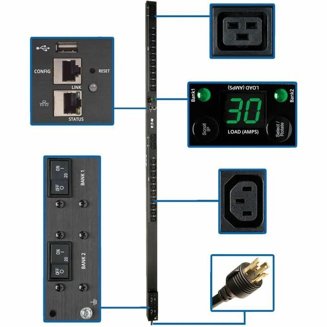 Eaton PDUMV30HVNETLX Tripp Lite by Eaton PDU 5.5kW Monofásico Switched PDU - Interfaz LX 208/230V Outlets (20 C13 & 4 C19) L6-30P 0U TAA