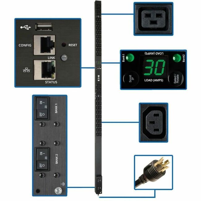 Eaton PDUMNV30HV2LX Tripp Lite by Eaton PDU 5.5kW Single-Phase Monitored PDU LX Interface 208/230V Outlets (36 C13/6 C19) L6-30P 10 ft. (3.05 m) Cord 0U 1.8m/70 in. Height TAA