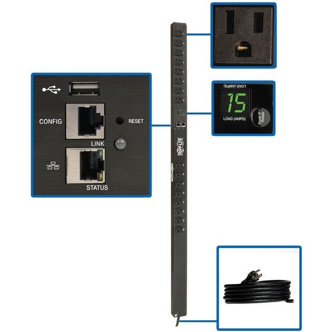 Eaton PDUMNV15LX 1.4kW Single-Phase Monitored PDU with LX Platform Interface, 120V Outlets (16 5-15R), 10 ft. (3.05 m) Cord with 5-15P Plug, 0U, TAA