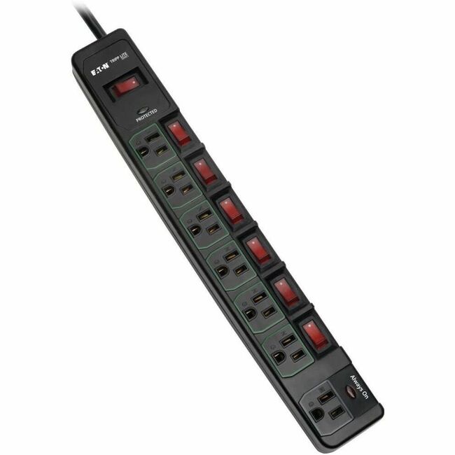 Eaton TLP76MSGB Protector contra picos Eaton Tripp Lite Series ECO-Surge de 7 salidas, cable de 6 ft. (1.83 m), 1080 Joules, 6 salidas controladas individualmente, carcasa negra