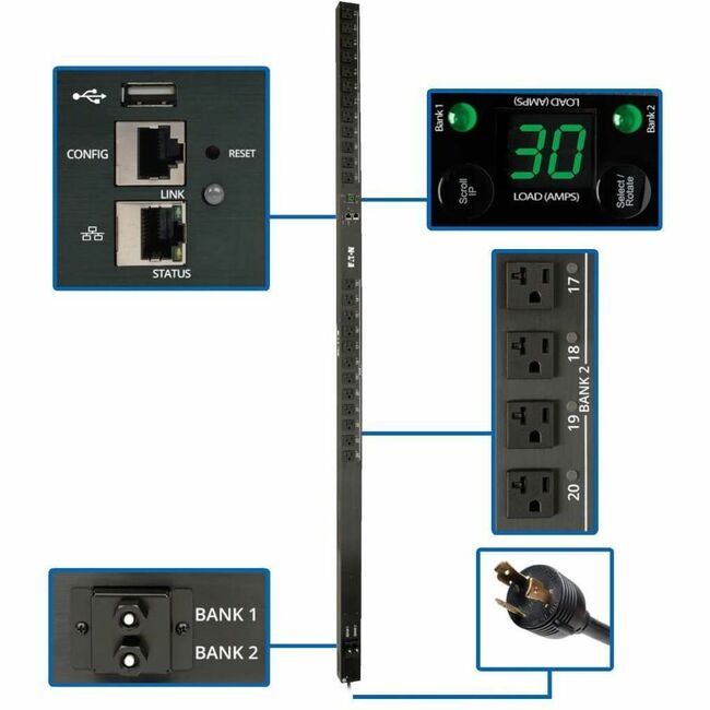 Eaton PDUMV30NETLX Tripp Lite by Eaton PDU 2.9kW Monofásica Switched PDU - LX Interface 120V Outlets (24 5-15/20R) 10 ft. (3.05 m) Cord with L5-30P 0U TAA
