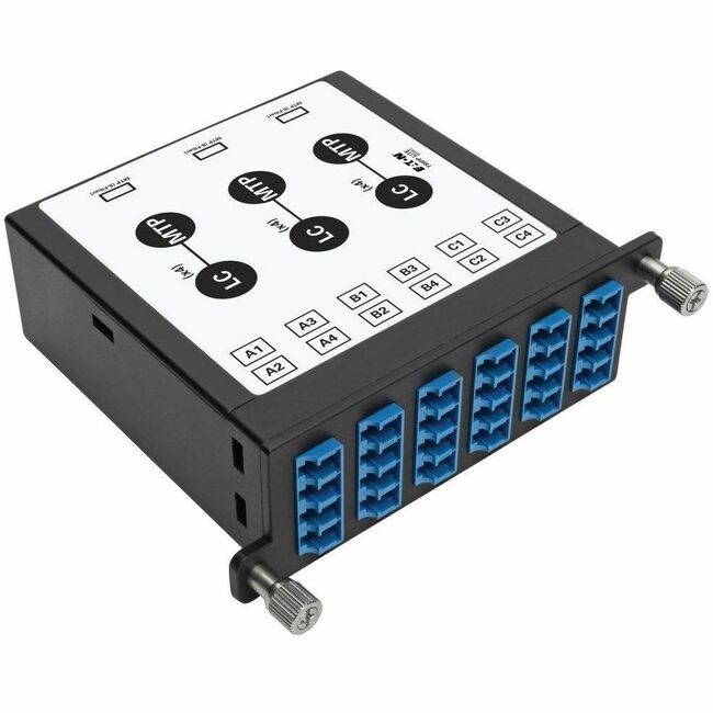 Eaton N484-3M8L12S Cassette divisora de fibra monomodo Eaton Tripp Lite Series 40/100Gb, 40Gb a 4 x 10Gb, 100Gb a 4 x 25Gb, (x3) MTP/MPO (APC) de 8 fibras a (x12) LC (UPC) dúplex 9/125, chasis N484