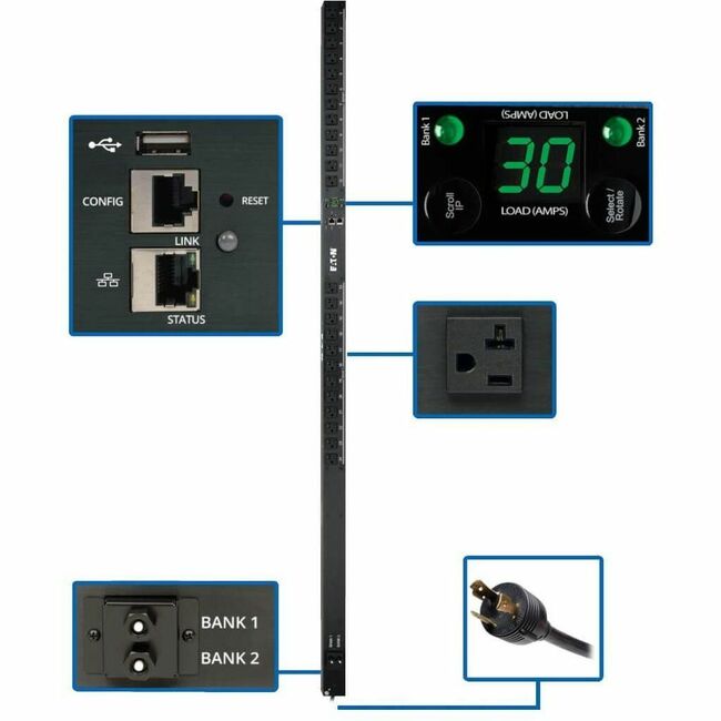 Eaton PDUMNV30LX Tripp Lite by Eaton PDU 2.9kW Single-Phase Monitored PDU with LX Platform Interface 120V Outlets (24 5-15/20R) L5-30P Plug 0U Vertical TAA