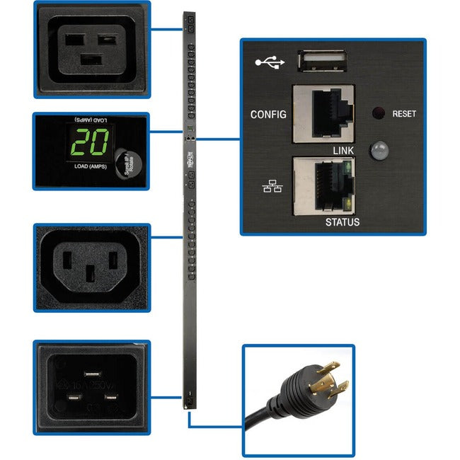 Eaton PDUMNV20HVLX Tripp Lite by Eaton PDU 3.7kW Single-Phase 208/230V PDU Monitored - LX Platform 20 C13 4 C19 Outlets C20 Input with L6-20P Adapter 0U 1778mm Height TAA