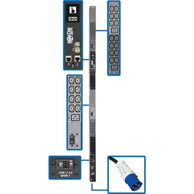 Eaton PDU3EVN10G60B Tripp Lite by Eaton PDU 14.5kW 200-240V 3PH Monitored PDU - LX Interface Gigabit 48 Outlets IEC 309 60A Blue Input LCD 3 m Cord 0U 1.8 m Height TAA
