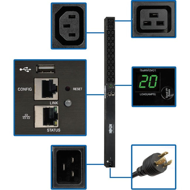 Eaton PDUMNV20HV2LX Tripp Lite by Eaton PDU 3.7kW Single-Phase 208/230V Monitored PDU - LX Platform 18 C13 2 C19 Outlets C20 / L6-20P Inputs 0U 900mm Height TAA