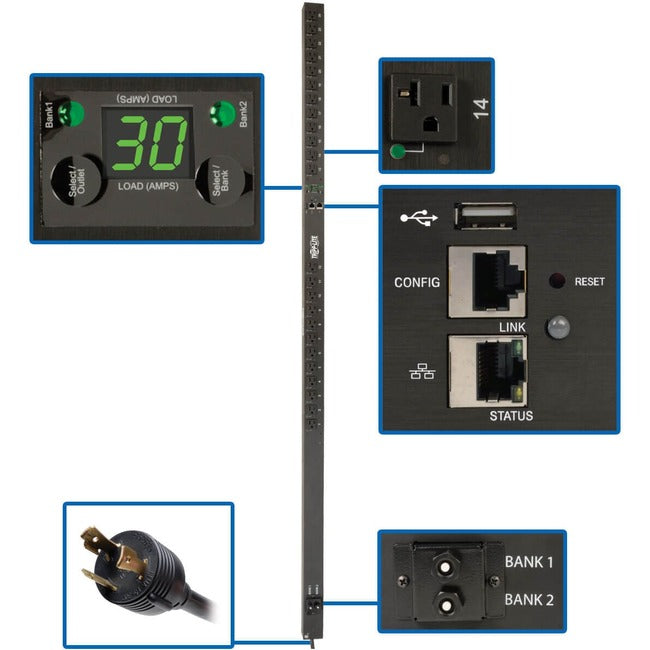 Eaton PDUMVR30NETLX Tripp Lite by Eaton PDU 2.9kW Single-Phase Switched PDU LX Platform Outlet Monitoring 120V Outlets (24 NEMA 5-15/20R) L5-30P Plug 0U TAA