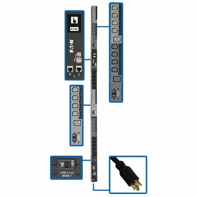 Eaton PDU3EVSR10L2130 Tripp Lite by Eaton PDU 10kW 200-240V 3PH Switched PDU - LX Interface Gigabit 30 Outlets L21-30P Input LCD 3 m Cord 0U 1.8 m Height TAA