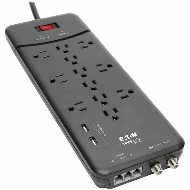 Eaton TLP128TTUSBB Tripp Lite by Eaton Protect It! Protector contra Sobretensión de 12 Tomas 8 pies (2.43 m) de Cordón 4320 Julios Protección Tel/Módem/Coaxial 2 Puertos USB Negro