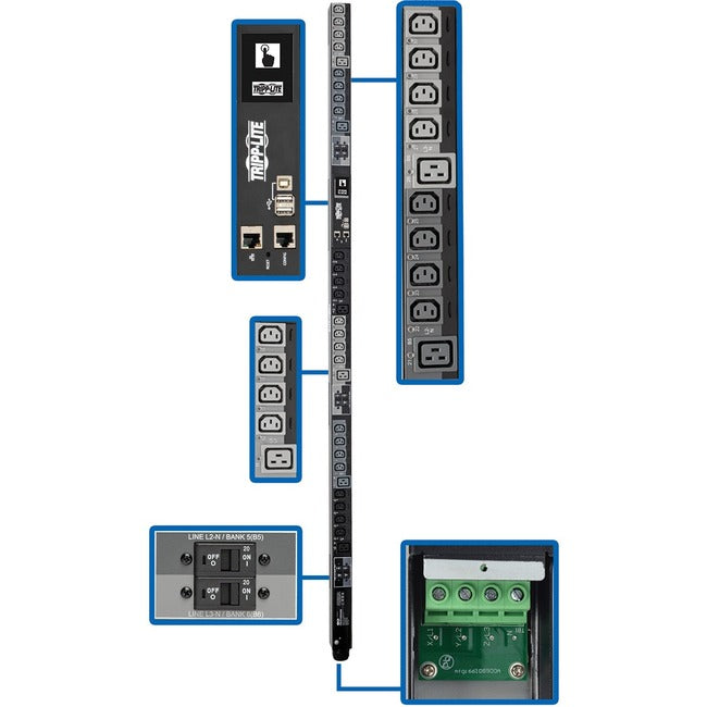 Eaton PDU3XEVSRHWB Tripp Lite Series 28.8kW 220-240V 3PH Switched PDU - Interfaz LX, Gigabit, 30 Salidas, Entrada Hardwire 380-415V, LCD, Cable 1.8 m, 0U Altura 1.8 m, TAA