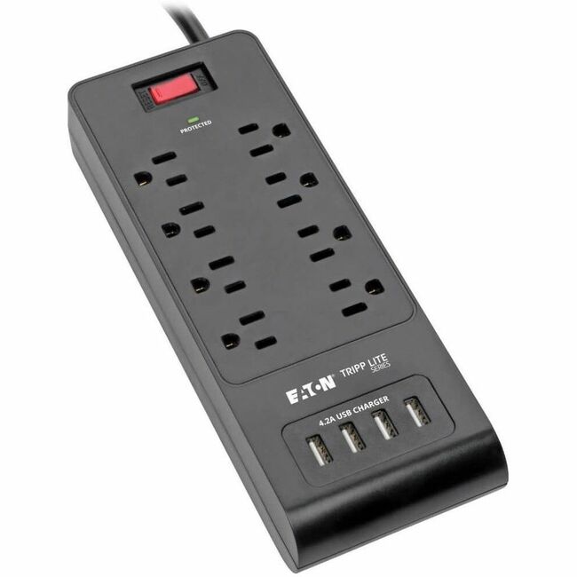 Eaton TLP864USBB Tripp Lite by Eaton Protector Contra Sobretensiones de 8 Salidas con 4 Puertos USB (4.2A Compartidos) - Cable de 6 ft. (1.83 m) 1800 Joules Negro