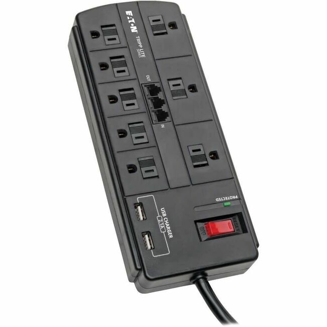 Eaton TLP88TUSBB Protector contra sobretensiones Eaton Tripp Lite Series con 8 tomas de corriente y 2 puertos USB (2.1A compartidos) - Cable de 8 pies (2.43 m), 1200 julios, Tel/módem, Negro