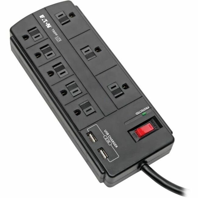 Eaton TLP88USBB Tripp Lite by Eaton Protector contra Sobretensión de 8 Salidas con 2 Puertos USB (2.1A Compartidos) - Cable de 8 ft. (2.43 m) 1200 Joules Negro