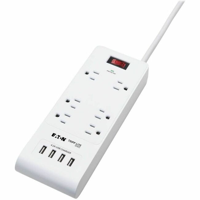 Eaton TLP64USBRA15 Protector de Sobretensión Eaton Tripp Lite Series con 6 Tomas y 4 Puertos USB (4.2A Compartidos) - Cable de 15 ft. (4.57 m), Enchufe 5-15P, 900 Joules, Blanco