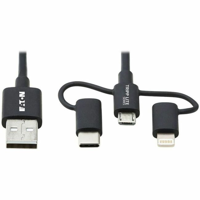 Eaton M101-006-LMC-BK Tripp Lite Series Cable Universal USB-A a Lightning, USB Micro-B y USB-C Sincronización/Carga (M/3xM), Certificado MFi, Negro, 6 ft. (1.8 m)